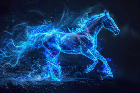 A running horse outlined by vibrant electric blue energy. The background fades from deep navy to black, highlighting the dynamic motion of the horse. --ar 3:2 Job ID: 2cbaa1fb-970d-4408-8702-3687fa95d38fの素材