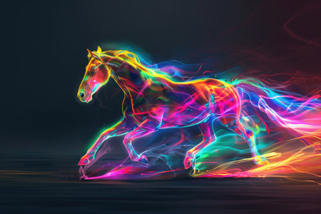A running horse outlined by shifting multicolored energy, creating a rainbow effect. The dark backdrop allows the vibrant colors to pop, capturing the dynamic movement. --ar 3:2 Job ID: dd8e2ff3-be2a-486d-b803-c7e4faa35235の素材
