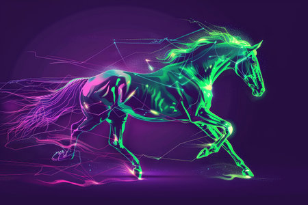 A running horse outlined by neon green energy, with a contrasting purple and black gradient background. The electric glow gives a futuristic feel to the scene. --ar 3:2 Job ID: 52cea011-0235-4dd0-9138-796ec53cd0deの素材