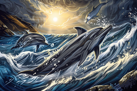 A beautiful scene under the sea featuring a playful pod of dolphins swimming gracefully through crystal-clear waters, with sunlight dancing on the surface above, creating shimmering patterns, with illustration tendencies, use of bright, cheerful lighting to highlight the dolphins' dynamic movements and playful nature, and dramatic effects capturing the joy and freedom of these intelligent creatures. --ar 3:2 --sref 20 Job ID: 752009a0-2c24-4b42-814a-bcf7d2b10df9の素材
