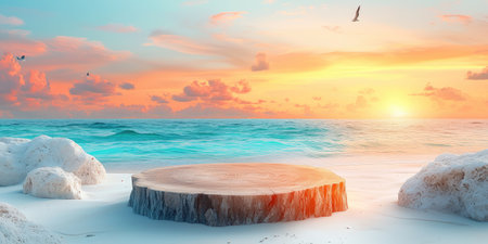 Landscape photography. A fairly wide circular podium made of Driftwood or weathered wood, placed on the edge of a beach with white sand. The background features Sunset over the Maldives beach, shooting scenery with sea birds flying in the distance, studio lighting, Canon EOS R5. --ar 2:1 --style raw --sref 3293261333 --stylize 400 --v 6.1 Job ID: f1d8b988-dba6-4c69-b387-1e3c5d352644の素材