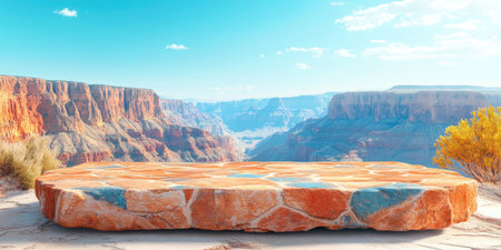 Landscape photography. Long brick podium, set on the edge of the brown sand of the Grand Canyon. The background shows The background shows the steep cliffs of the Grand Canyon, making for a spectacular view. landscape photography, studio lighting, 4k image, Canon EOS R5. --ar 2:1 --style raw --sref 3293261333 --stylize 400 --v 6.1 Job ID: e9750b7b-d16f-44ef-b7e2-c15ed3fa290cの素材