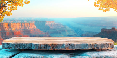 Landscape photography. Long wooden podium, placed on the edge of the brown sand of the Grand Canyon. The background shows The background shows the steep cliffs of the Grand Canyon, making for a spectacular view. landscape shooting, studio lighting, 4k image, Canon EOS R5. --ar 2:1 --style raw --sref 3293261333 --stylize 400 --v 6.1 Job ID: 891d26c4-05c8-4a10-9cdf-ead3ebdf97b9の素材
