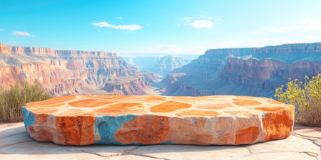Landscape photography. Long brick podium, set on the edge of the brown sand of the Grand Canyon. The background shows The background shows the steep cliffs of the Grand Canyon, making for a spectacular view. landscape photography, studio lighting, 4k image, Canon EOS R5. --ar 2:1 --style raw --sref 3293261333 --stylize 400 --v 6.1 Job ID: 55676be2-c785-46fe-81ae-50150c71bee5の素材