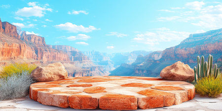 Landscape photography, there is a fairly wide circular podium made of Bricks, place the podium at the bottom of the Grand Canyon, Choose paint or podium coating with earth colors such as brown, brick red, and orange to describe the color of the cliffs and rocks in the Grand Canyon. The background shows the Grand Canyon with high and very wide cliffs, cactus plants or other desert vegetation as decorative elements on the right and left sides. Shooting landscapes, with bright blue skies and scattered clouds to add depth, studio lighting, 4k images, Canon EOS R5. --ar 2:1 --style raw --sref 3293261333 --stylize 400 --v 6.1 Job ID: db346ca5-b7ec-4bc6-94db-e20d03953242の素材