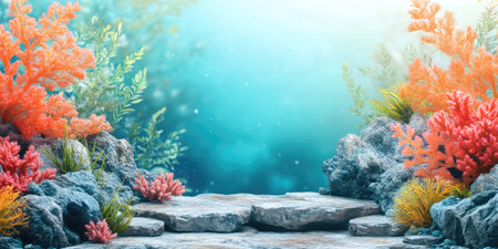 Landscape photography. There is a fairly wide podium made of natural stone, a circular podium, the Great Barrier Reef background, the largest coral reef offers incredible underwater scenery, shooting scenery, studio lighting, 4k images, Canon EOS R5. --ar 2:1 --style raw --sref 3293261333 --stylize 400 --v 6.1 Job ID: a321b2bc-1222-4ef2-9e89-53f411bc4074の素材