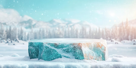 Landscape photography, there is a fairly wide circular podium made of ice rocks, Add white or blue LED lights around the podium to give a cool lighting effect resembling ice and snow. Place the podium on a snow base, The background shows artificial snow elements or a white layer creates the impression of a snow-capped peak. some penguins in the background. Shooting a landscape, with a bright blue sky and scattered clouds to add depth, studio lighting, 4k image, Canon EOS R5. --ar 2:1 --style raw --sref 3293261333 --stylize 400 --v 6.1 Job ID: 5bdb01fd-49f2-42cf-a421-43efda85a16aの素材