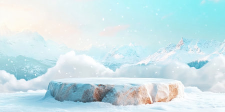 Landscape photography, there is a fairly wide circular podium made of ice rocks, place the podium on the snow base, The background shows artificial snow elements or a white layer creates the impression of a snow-capped peak. Shooting landscapes, with bright blue skies and scattered clouds to add depth, studio lighting, 4k images, Canon EOS R5. --ar 2:1 --style raw --sref 3293261333 --stylize 400 --v 6.1 Job ID: e47ca033-bb1b-404d-83ce-5976c6c77f57の素材
