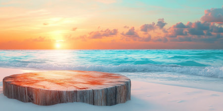 Landscape photography. A fairly wide circular podium made of Driftwood or weathered wood, placed on the edge of a beach with white sand. The background features Sunset over the Maldives beach, shooting scenery with gentle waves lapping at the shore, studio lighting, Canon EOS R5. --ar 2:1 --style raw --sref 3293261333 --stylize 400 --v 6.1 Job ID: 7a059d76-b6ee-4112-92c2-243912672f53の素材