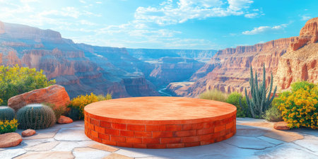 Landscape photography, there is a fairly wide circular podium made of Bricks, place the podium at the bottom of the Grand Canyon, Choose paint or podium coating with earth colors such as brown, brick red, and orange to describe the color of the cliffs and rocks in the Grand Canyon. The background shows the Grand Canyon with high and very wide cliffs, cactus plants or other desert vegetation as decorative elements on the right and left sides. Shooting landscapes, with bright blue skies and scattered clouds to add depth, studio lighting, 4k images, Canon EOS R5. --ar 2:1 --style raw --sref 3293261333 --stylize 400 --v 6.1 Job ID: 32b4dd09-f4f5-4457-9d42-a6958110ba6aの素材