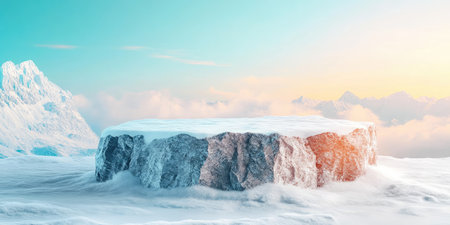 Landscape photography, there is a fairly wide circular podium made of ice rocks, Add white or blue LED lights around the podium to give a cool light effect that resembles ice and snow. place the podium on the snow base, The background shows artificial snow elements or a white layer creates the impression of a snow-capped peak. Shooting landscapes, with bright blue skies and scattered clouds to add depth, studio lighting, 4k images, Canon EOS R5. --ar 2:1 --style raw --sref 3293261333 --stylize 400 --v 6.1 Job ID: 064bfa0b-fbb7-4cd9-9e74-b9e6dc990267の素材
