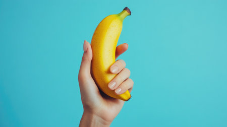 A close-up photograph of a hand holding a ripe yellow banana against a bright blue background.の素材