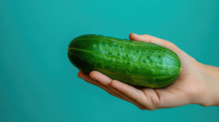 Food Photography with hand gestures showing/judging delicious or tasty food, hand holding a cucumber, plain blue studio background, fashion shoot, studio lighting, 4k image, Canon EOS R5, --chaos 5 --ar 16:9 --style raw --stylize 200 --v 6.1 Job ID: 69fa9a32-cd1f-4d9b-b249-27637f46a593の素材