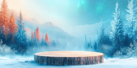 Landscape photography, there is a fairly wide circular podium made of natural wood, Add snow elements around the podium. Place the podium around the pine forest, The background shows the Aurora Borealis Northern Lights visible in the night sky providing a magical view. Shooting landscapes, with the night sky and aurora scattered to add depth, studio lighting, 4k images, Canon EOS R5. --ar 2:1 --style raw --sref 3293261333 --stylize 400 --v 6.1 Job ID: 338bb720-34c9-4f7d-9876-34cd1c43ef09の素材