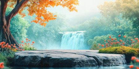 landscape photography, there is a fairly wide circular podium made of natural rocks, Add elements of moss and small stones around the podium. placement of the podium in the forest, The background of the appearance of Victoria Falls Zimbabwe, The largest waterfall in the world provides a very stunning view. Shooting landscapes, with bright blue skies and scattered clouds to add depth, lighting studio, 4k images, Canon EOS R5. --ar 2:1 --style raw --sref 3293261333 --stylize 400 --v 6.1 Job ID: f0f83fc7-2067-4922-819c-44b2d1447e0fの素材