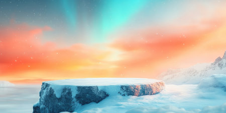 Landscape photography, there is a fairly wide circular podium made of ice rocks, Add white or blue LED lights around the podium to give a cool lighting effect resembling ice and snow. Place the podium on the edge of the sea, The background shows the Aurora Borealis The Northern Lights visible in the night sky provide a magical view. Shooting landscapes, with the night sky and scattered aurora to add depth, studio lighting, 4k images, Canon EOS R5. --ar 2:1 --style raw --sref 3293261333 --stylize 400 --v 6.1 Job ID: e37f2a0a-ebe1-4e62-8841-d2882dab1e2cの素材