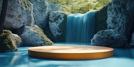 Landscape photography. A fairly wide circular podium made of rocks with a little moss, placed in front of a vibrant nature-inspired backdrop. The backdrop features lush greenery, flowing water, a clear sky with shining sunlight, a shooting scene, studio lighting, Canon EOS R5, --ar 2:1 --style raw --sref 2907424065 --stylize 400 --v 6.1 Job ID: 956898f3-f3d8-4ffe-9213-116b1ddc87a0の素材