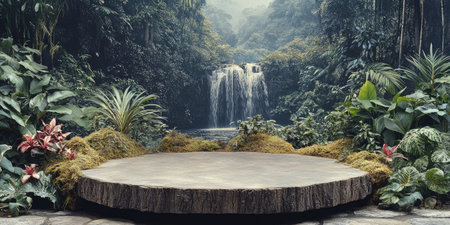 Landscape photography. A fairly wide circular podium made of old pieces of wood with a bit of moss, placed in front of a vibrant nature-inspired backdrop. The backdrop features lush greenery, flowing water, a clear sky with shining sunlight, a shooting scene, studio lighting, Canon EOS R5, --ar 2:1 --style raw --sref 4067636883 --stylize 400 --v 6.1 Job ID: daeb4243-8a03-41f9-8e2c-59c01593a5b5の素材