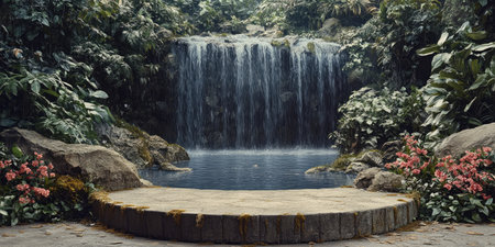 Landscape photography. A fairly wide circular podium made of rocks with a little moss, placed in front of a vibrant nature-inspired backdrop. The backdrop features lush greenery, flowing water, a clear sky with shining sunlight, a shooting scene, studio lighting, Canon EOS R5, --ar 2:1 --style raw --sref 4067636883 --stylize 400 --v 6.1 Job ID: c0b9d155-fc32-463b-89be-293364d98f31の素材
