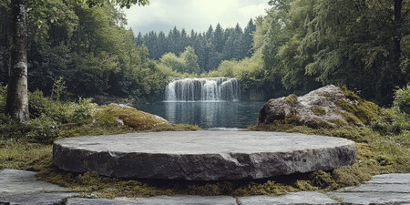 Landscape photography. A fairly wide circular podium made of rocks with a little moss, placed in front of a vibrant nature-inspired backdrop. The backdrop features lush greenery, flowing water, a clear sky with shining sunlight, a shooting scene, studio lighting, Canon EOS R5, --ar 2:1 --style raw --sref 4067636883 --stylize 400 --v 6.1 Job ID: aa0fe47f-14a1-4b28-a7bd-9ed67290c8b7の素材