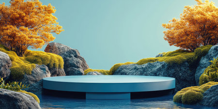 Landscape photography. A wide podium made of wood pieces with a bit of moss, placed in front of a vibrant nature-inspired backdrop. The backdrop features lush greenery, flowing water, a clear sky with shining sunlight, a shooting scene, studio lighting, Canon EOS R5, --ar 2:1 --style raw --sref 2907424065 --stylize 400 --v 6.1 Job ID: 460f6d7f-d446-4491-9048-f235b9fcbd03の素材