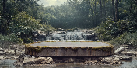Landscape photography. A wide podium made of wood pieces with a bit of moss, placed in front of a vibrant nature-inspired backdrop. The backdrop features lush greenery, flowing water, a clear sky with shining sunlight, a shooting scene, studio lighting, Canon EOS R5, --ar 2:1 --style raw --sref 4067636883 --stylize 400 --v 6.1 Job ID: 2afb2fa3-021d-400c-8f83-07833b104c8cの素材