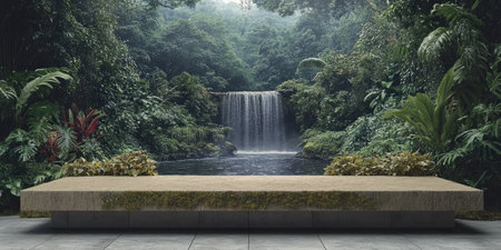 Landscape photography. A wide podium made of wood pieces with a bit of moss, placed in front of a vibrant nature-inspired backdrop. The backdrop features lush greenery, flowing water, a clear sky with shining sunlight, a shooting scene, studio lighting, Canon EOS R5, --ar 2:1 --style raw --sref 4067636883 --stylize 400 --v 6.1 Job ID: 3357e0e4-537c-42da-a40a-edeca787a886の素材