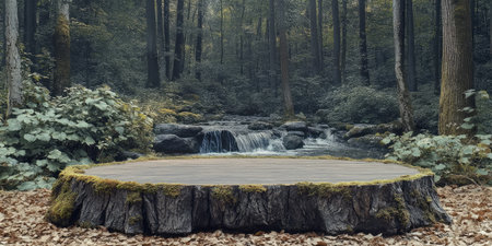 Landscape photography. A wide podium made of wood pieces with a bit of moss, placed in front of a vibrant nature-inspired backdrop. The backdrop features lush greenery, flowing water, a clear sky with shining sunlight, a shooting scene, studio lighting, Canon EOS R5, --ar 2:1 --style raw --sref 4067636883 --stylize 400 --v 6.1 Job ID: bcb64f73-85f2-4c5c-902d-da396fab665cの素材