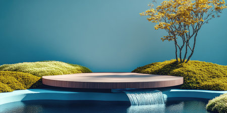 Landscape photography. A wide podium made of wood pieces with a bit of moss, placed in front of a vibrant nature-inspired backdrop. The backdrop features lush greenery, flowing water, a clear sky with shining sunlight, a shooting scene, studio lighting, Canon EOS R5, --ar 2:1 --style raw --sref 2907424065 --stylize 400 --v 6.1 Job ID: f1173468-e88a-4402-aff0-6f1652ef9d20の素材