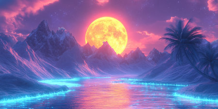 Landscape photography, Pink glowing moon above mountains with a river glowing with blue lights. Surreal dreamlike landscape. Concept of nature, fantasy, and dreams, studio lighting, 4k images, Canon EOS R5. --ar 2:1 --style raw --sref 1000003 --stylize 400 --v 6.1 Job ID: d3a30e20-5540-4cb2-9ab4-7332337005d6の素材