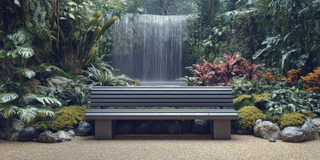 Landscape photography. A fairly wide bench made of rocks with a little moss, placed in front of a vibrant nature-inspired background. The background features lush greenery, flowing water, a clear sky with shining sunlight, a shooting scene, studio lighting, Canon EOS R5, --ar 2:1 --style raw --sref 4067636883 --stylize 400 --v 6.1 Job ID: 1581f4af-ba38-42e0-a05d-ddaeef29fb7cの素材
