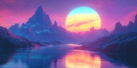 Landscape photography, Neon landscape with a large mountain peak and a river reflecting neon lights under a large, pink and blue glowing sun with stars, 80s Aesthetic Background.Surreal dreamlike landscape. Concept of nature, fantasy, and dreams, studio lighting, 4k images, Canon EOS R5. --ar 2:1 --style raw --sref 1000003 --stylize 400 --v 6.1 Job ID: a0538df8-426c-4480-b2e8-9a3b304799b7の素材