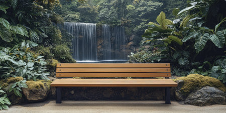 Landscape photography. A fairly wide bench made of wood with a little moss, placed in front of a vibrant nature-inspired background. The background features lush greenery, flowing water, a clear sky with shining sunlight, a shooting scene, studio lighting, Canon EOS R5, --ar 2:1 --style raw --sref 4067636883 --stylize 400 --v 6.1 Job ID: 86d6a36a-0b2d-40f3-9fd6-a2dec7eee1b9の素材