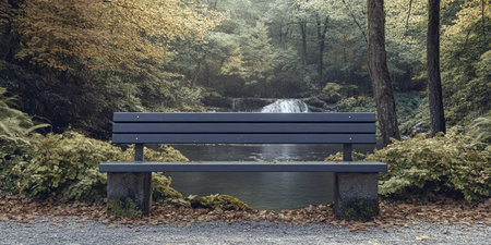 Landscape photography. A fairly wide bench made of wood with a little moss, placed in front of a vibrant nature-inspired background. The background features lush greenery, flowing water, a clear sky with shining sunlight, a shooting scene, studio lighting, Canon EOS R5, --ar 2:1 --style raw --sref 4067636883 --stylize 400 --v 6.1 Job ID: 4b086f2f-5f47-4a70-9013-ed9e9c67d3f5の素材
