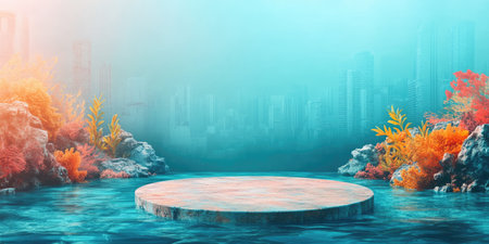 Landscape photography, Underwater City: Circular podium made of glass, placed on a water-filled floor, with an underwater city backdrop. Studio lighting, 4k image, Canon EOS R5. --ar 2:1 --style raw --sref 3293261333 --stylize 400 --v 6.1 Job ID: 9293674f-9e8c-4fb2-9e7c-17991ac8910aの素材