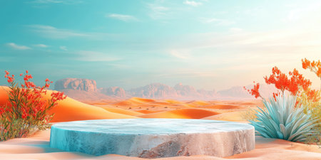 Landscape photography, Desert Oasis: Circular podium made of sandstone, placed on desert sand, with a desert oasis backdrop. Studio lighting, 4k image, Canon EOS R5. --ar 2:1 --style raw --sref 3293261333 --stylize 400 --v 6.1 Job ID: 01db559a-8ab7-4987-820c-cab640a734daの素材
