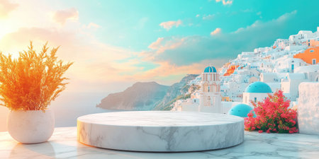 Landscape photography, Circular podium made of marble stone, background Santorini, Greece: The island is famous for its beautiful Aegean sea views and white buildings with blue domes, 4k image, Canon EOS R5. --ar 2:1 --style raw --sref 3293261333 --stylize 400 --v 6.1 Job ID: c026725d-70be-46d6-a6dc-546361085d53の素材