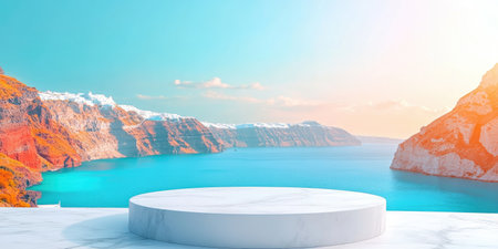 Landscape photography, Circular podium made of marble stone, background Santorini, Greece: The island is famous for its beautiful Aegean sea views and white buildings with blue domes, 4k image, Canon EOS R5. --ar 2:1 --style raw --sref 3293261333 --stylize 400 --v 6.1 Job ID: 5c16fe93-b3c9-402b-a2cb-3326714e9232の素材