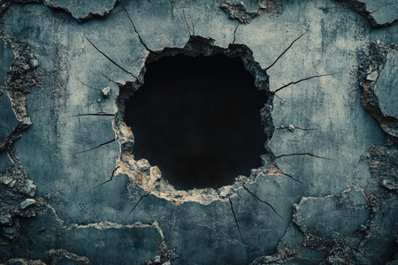 A close-up view of a large hole in a cracked concrete wall, revealing a dark and mysterious void within.の素材