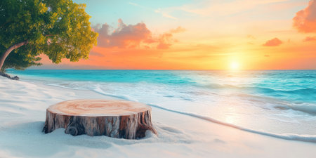 Landscape photography. A fairly wide circular podium made of Driftwood or weathered wood, placed on the edge of a beach with white sand. The background features Sunset over the Maldives beach, shooting scenery with gentle waves lapping at the shore, studio lighting, Canon EOS R5. --ar 2:1 --style raw --sref 3293261333 --stylize 400 --v 6.1 Job ID: 4973c397-8ab3-45e9-b145-2f434e96c0fdの素材