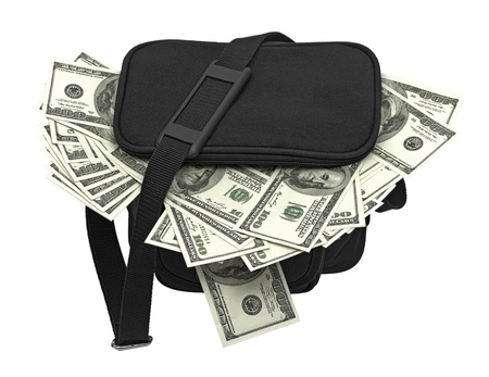 Black bag full of money. Isolated on white backgroundの写真素材