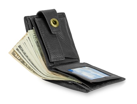 black leather wallet with money isolated on white backgroundの写真素材