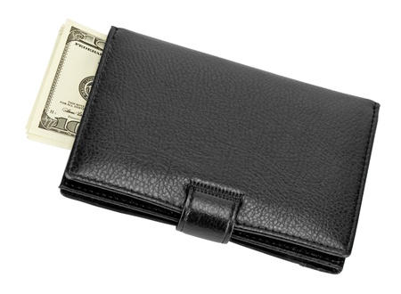 black leather wallet with money isolated on white backgroundの写真素材