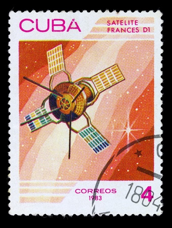 CUBA - CIRCA 1983: A stamp printed in the Cuba shows French space satellite, circa 1983 . Big space seriesの写真素材