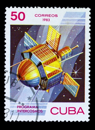 CUBA - CIRCA 1983: A stamp printed in the Cuba shows French space satellite, circa 1983 . Big space seriesの写真素材