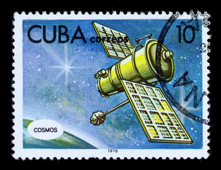 CUBA - CIRCA 1978: A stamp printed in the Cuba shows Space telecommunication station, circa 1978. Big space seriesの写真素材