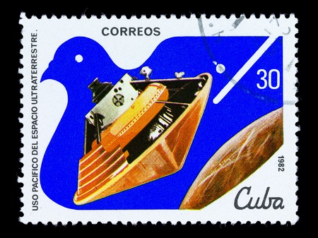 CUBA - CIRCA 1982: A stamp printed in Cuba shows Venera with heat shield, series second UN Congress on the Peaceful Use of Outer Space, circa 1982の写真素材
