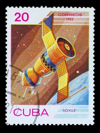CUBA - CIRCA 1983: A stamp printed in the Cuba shows space satellite "soyuz", circa 1983 . Big space seriesの写真素材