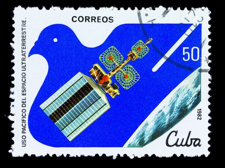 CUBA - CIRCA 1982: A stamp printed in Cuba shows Cosmos, series second UN Congress on the Peaceful Use of Outer Space, circa 1982の写真素材