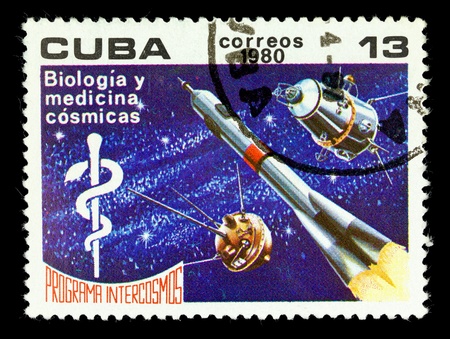 CUBA CIRCA 1980. A stamp printed in Cuba devoted Intercosmos program , one stamp from series, circa 1980の写真素材